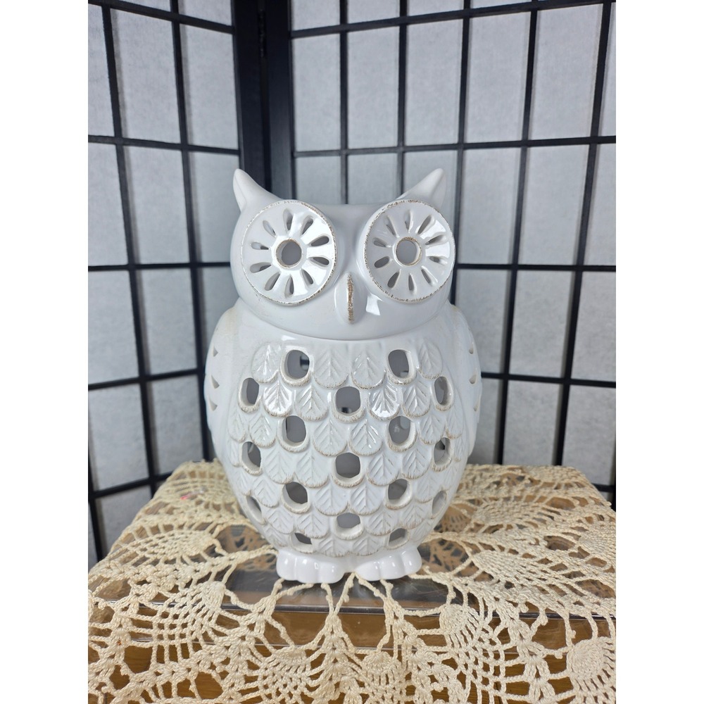 PartyLite White Distressed Ceramic Owl Votive Candle Holder Lantern 9in